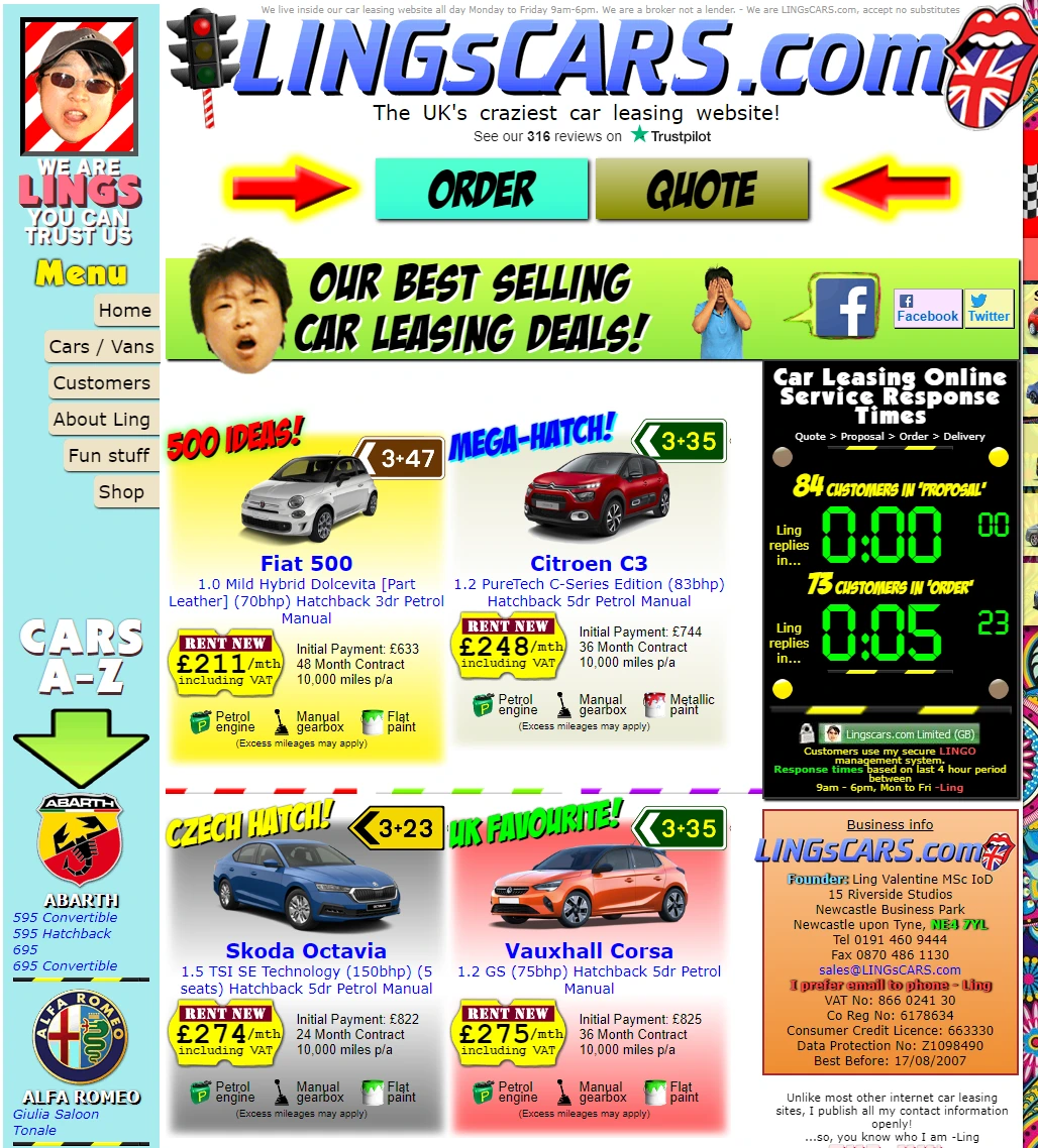 screenshot of the home page of ling's cars