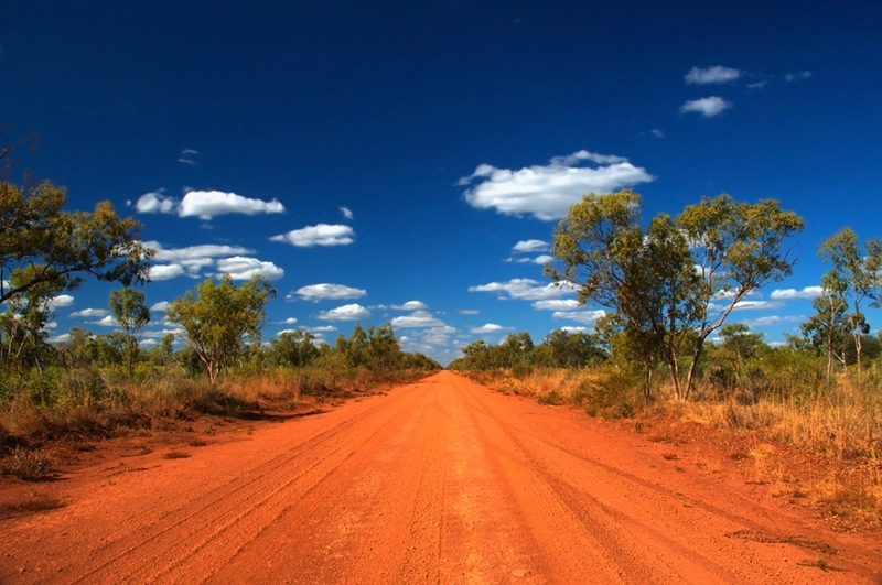 dirt road in the outback with blue skies