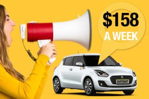 Woman Shouting Through a Megaphone for $158 a Week Special for Economy Vehicle Suzuki Swift