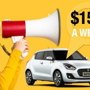 Woman Shouting Through a Megaphone for $158 a Week Special for Economy Vehicle Suzuki Swift