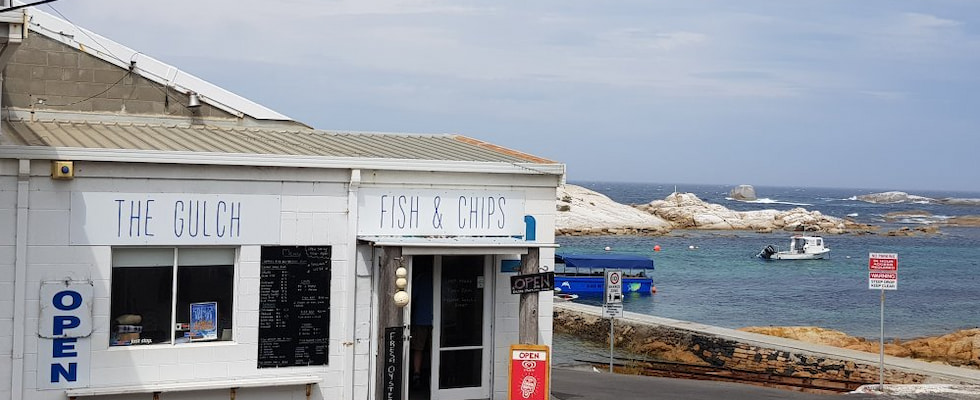 Fish and chips shop by the ocean.