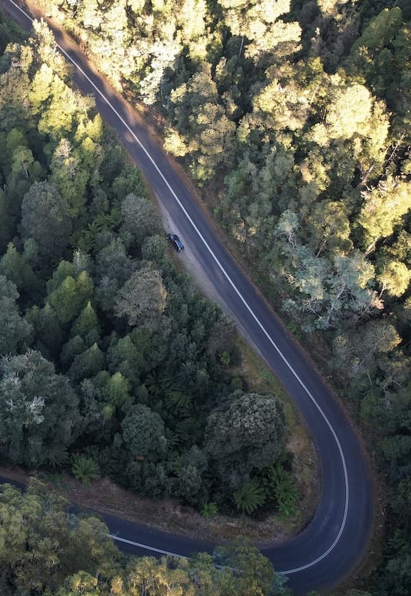 Ariel photo of highway surrounded by trees.