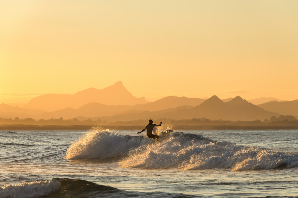 Surfer at Sunset in Byron Bay