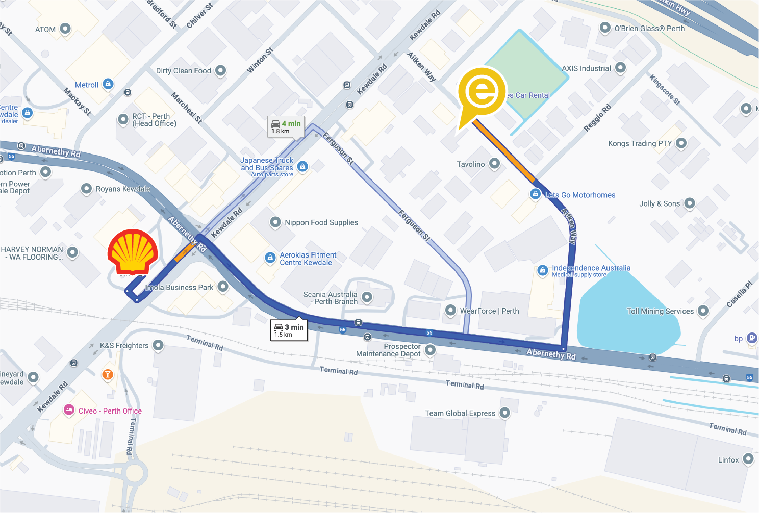 Map showing the recommended route from the Shell service station on Abernethy Rd to the East Coast Car Rentals Perth branch on Aitken Way