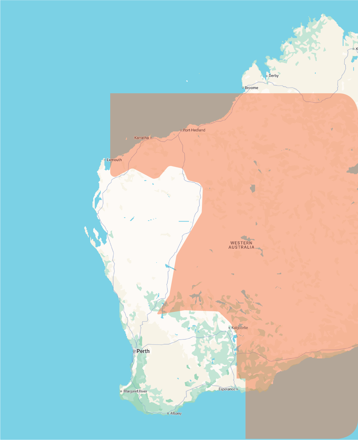 Map of Western Australia showing the restricted areas where rental vehicles are not permitted